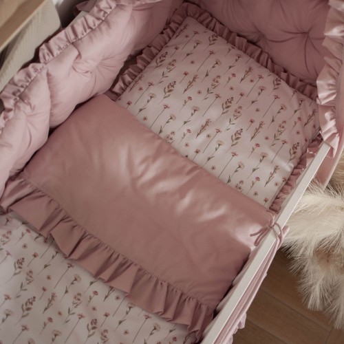 Kołderka z poduszką do łóżeczka z wypełnieniem z falbankami KWIATOWE ECHO + BEŻ