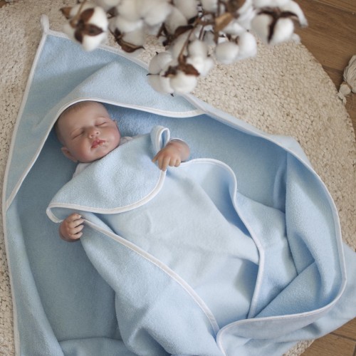 Duże okrycie kąpielowe ręcznik, ręczniczek z kapturkiem milutkie Frotte BABY BLUE 95x95