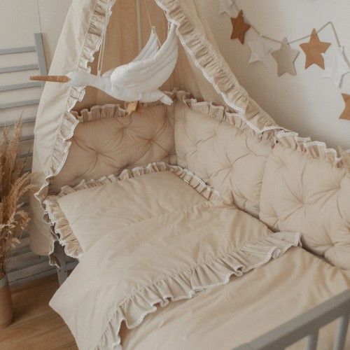 ZESTAW wyposażenie do łóżeczka 7 elementów KORONKA BEŻ